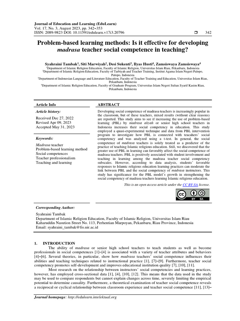 Problem based learning methods is it effective for developing madrasa