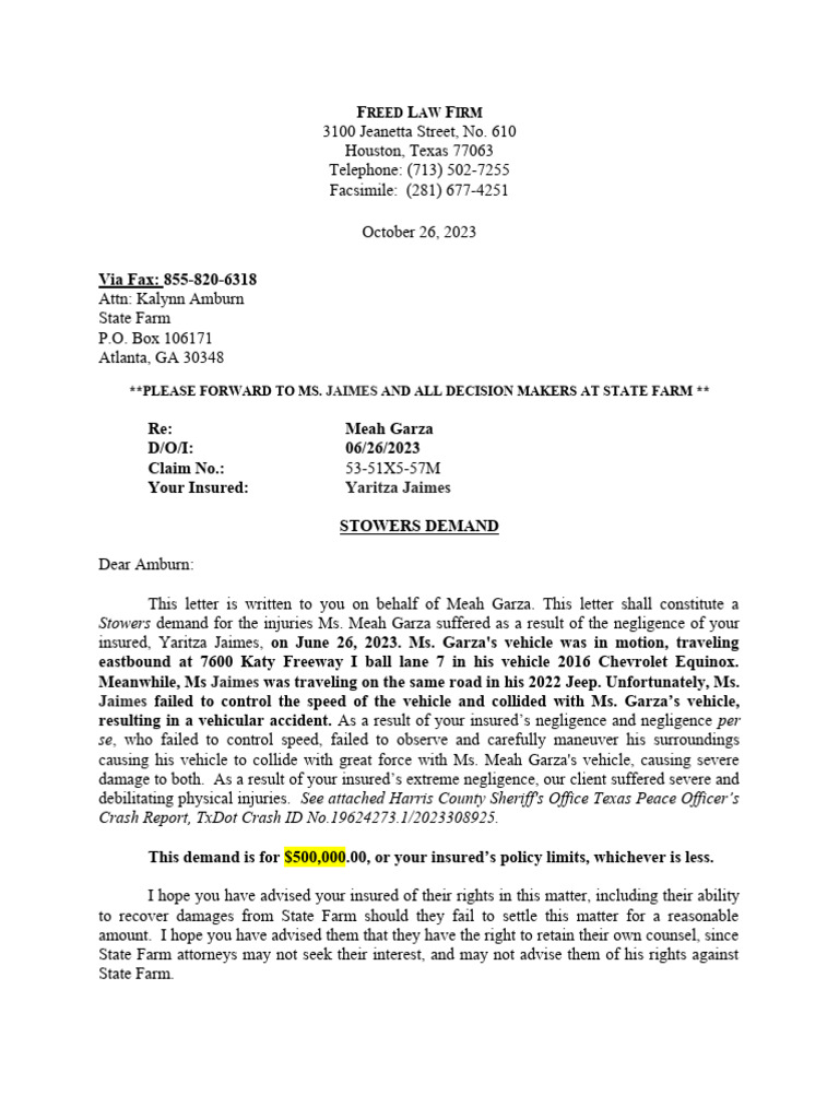 Stowers Demand for Meah Garza's Claim | PDF | Liability Insurance ...