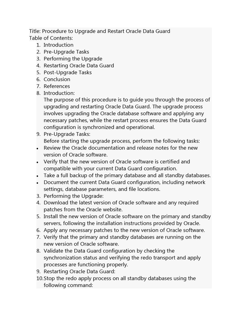 Procedure to upgrade and restart oracle data guard download free pdf
