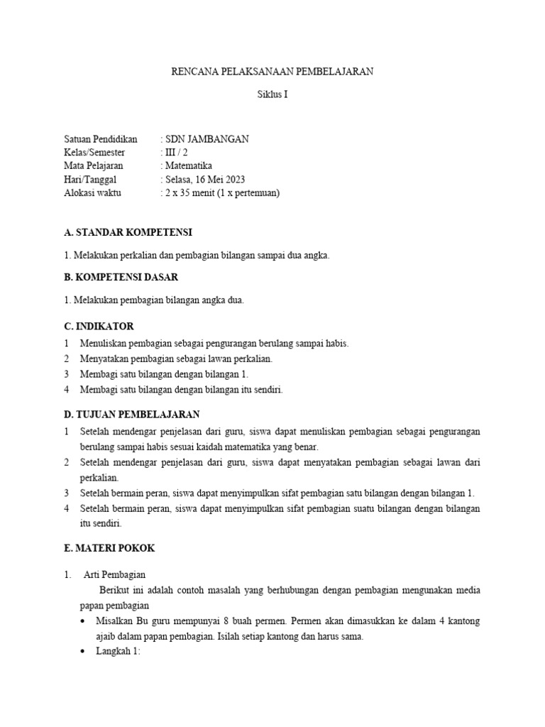RPP Pembelajaran Pembagian Kelas 5 | PDF