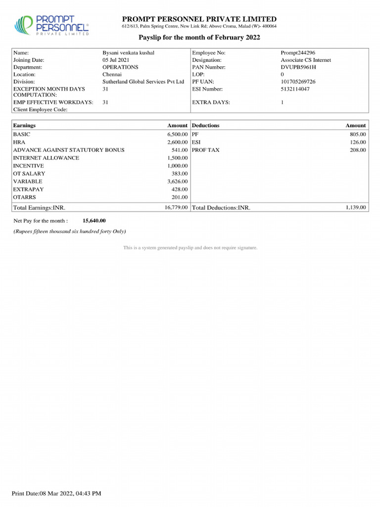 6th Month Pay Slip PDF