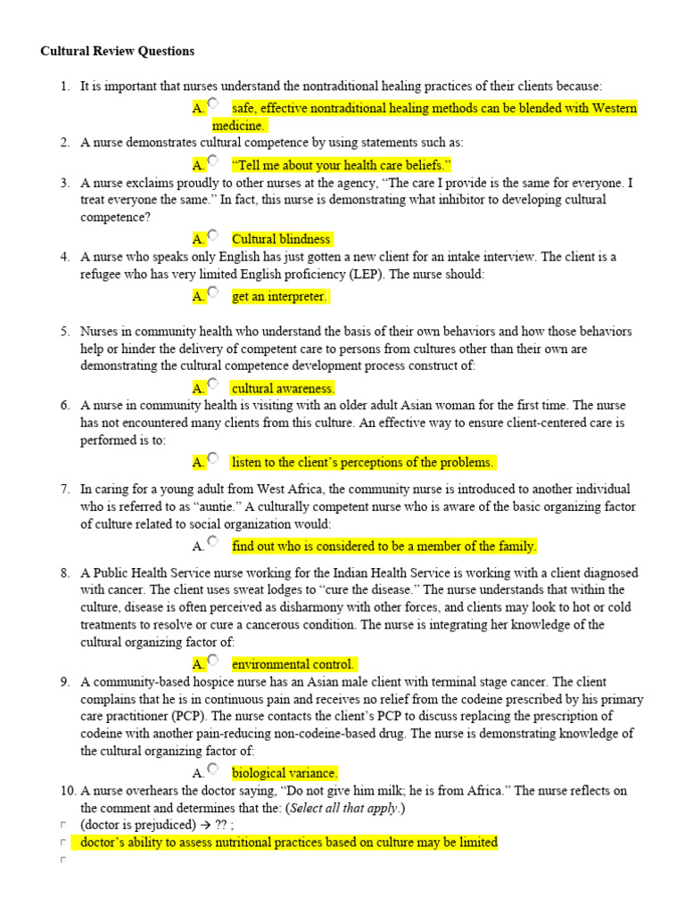Cultural Review Questions W ANS | PDF | Nursing | Public Health