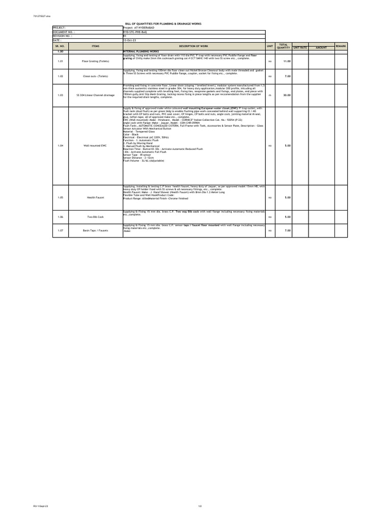 Plumbing & Drainage Bill of Quantities | PDF | Tap (Valve) | Sink