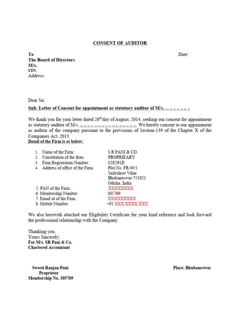 Auditor Consent Letter for Appointment | PDF