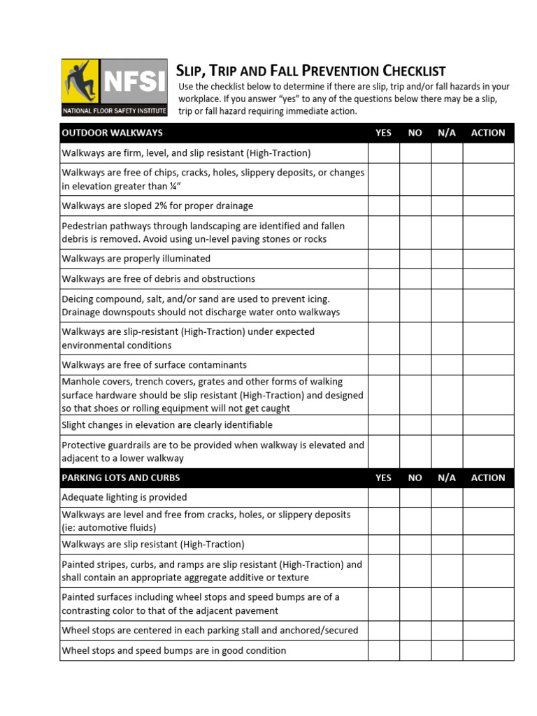 NFSI Slip Trip Fall Checklist PDF Escalator Stairs