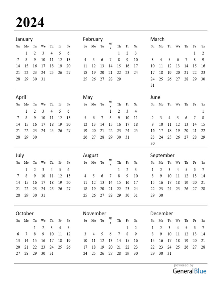 2024 Calendar Printable Portrait Sunday Start PDF