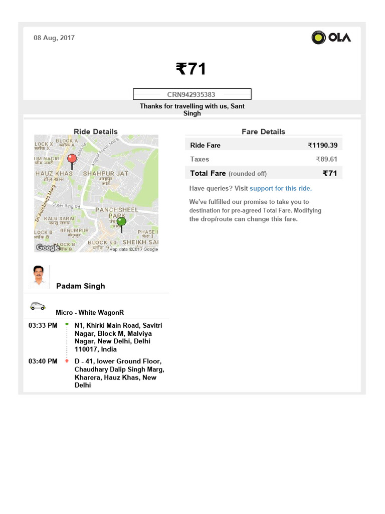 Ola Bill PDF Invoice Service Industries