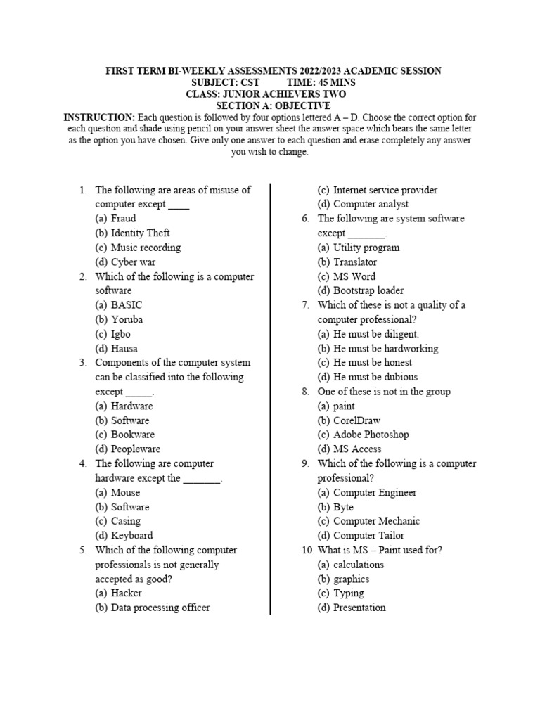 CST JSS2 First BiWeekly Test PDF