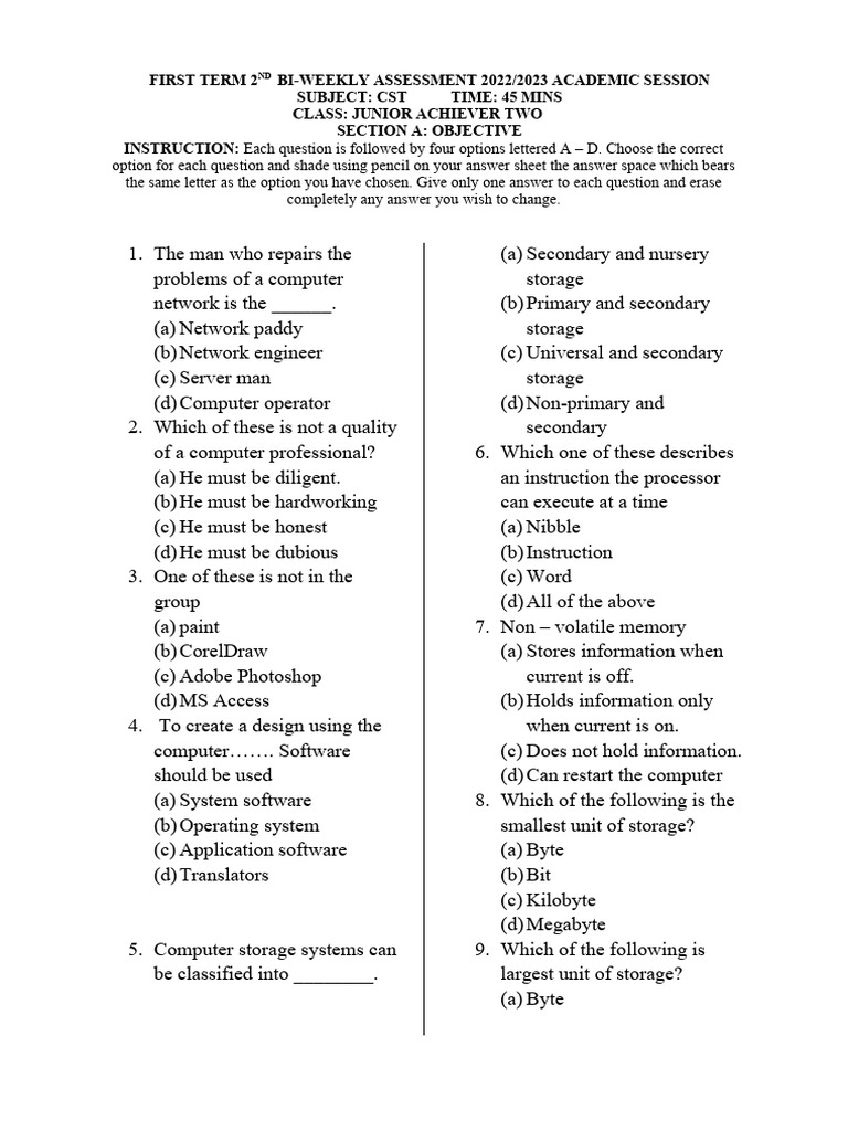 CST JSS2 Second BiWeekly Test PDF Computer Data Storage Software