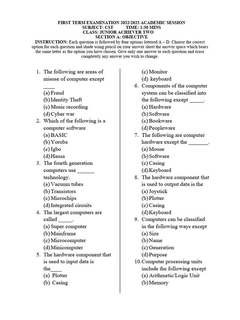 CST JSS 2 Examination Question PDF Operating System Computer Hardware