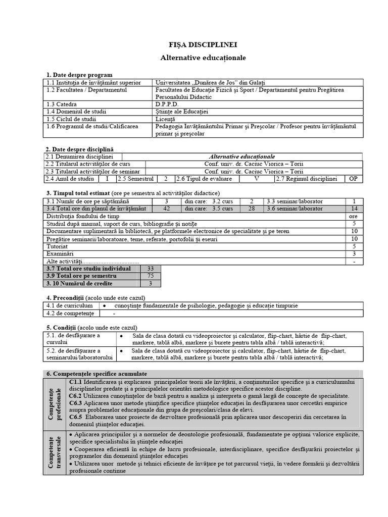 Fisa Disciplinei - Alternative Educationale | PDF
