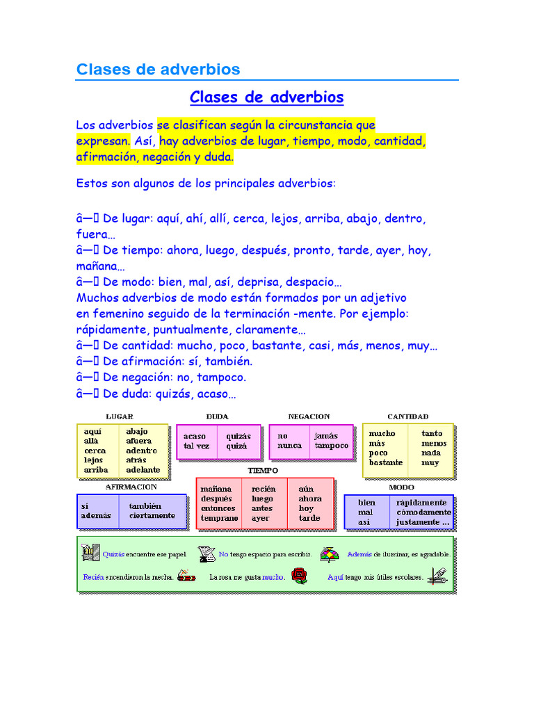 Clases de Adverbios | PDF | Artes del Lenguaje y Comunicación