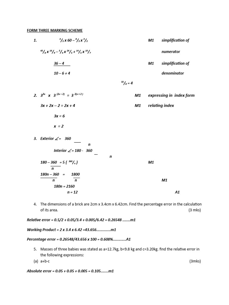 Form Three Math Marking Scheme | PDF | Elementary Mathematics | Mathematics