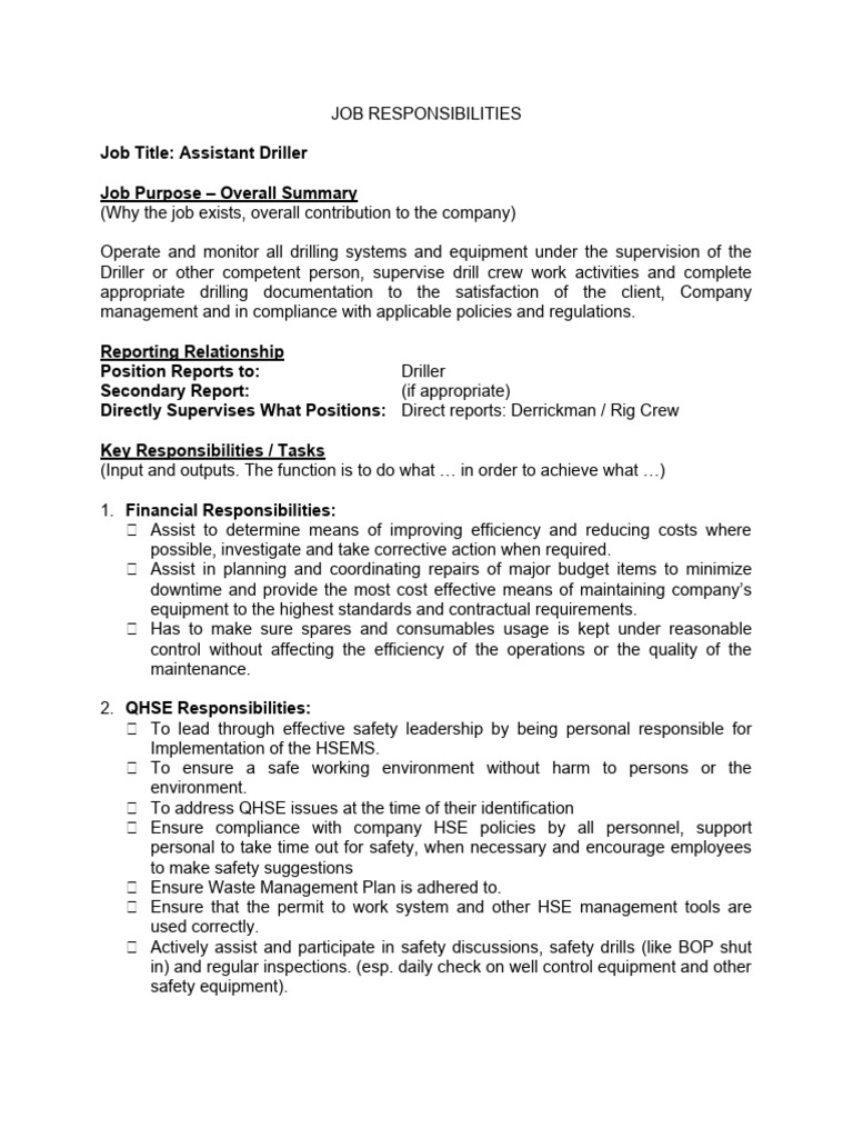 Assistant Driller Pdf Safety Regulatory Compliance