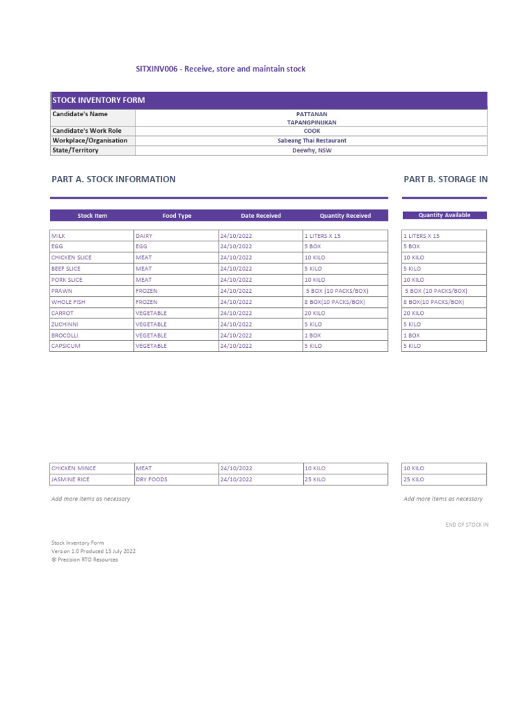 SITXFSA006SITXINV006 Stock Inventory Form v1 | PDF | Stock (Food ...