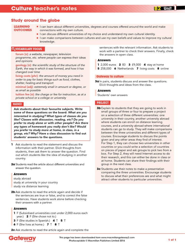 B2 UNIT 1 Culture Teacher's Notes | PDF | Question | Learning