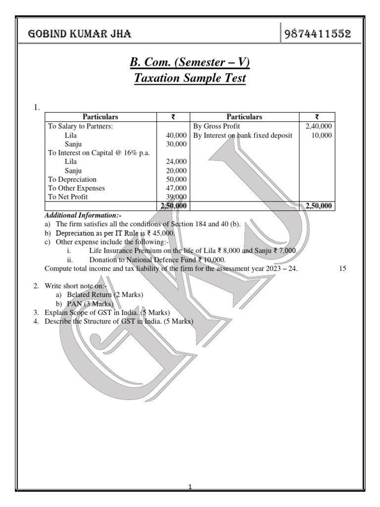 Taxation Sample Test PDF