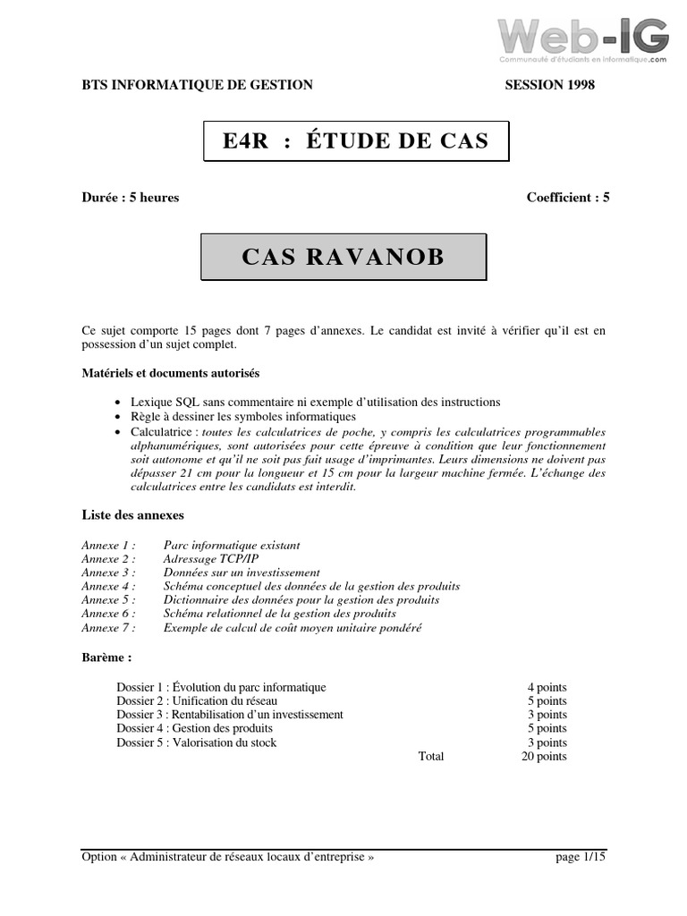 Étude de cas BTS Informatique 1998 | PDF | Adresse IP | Inventaire