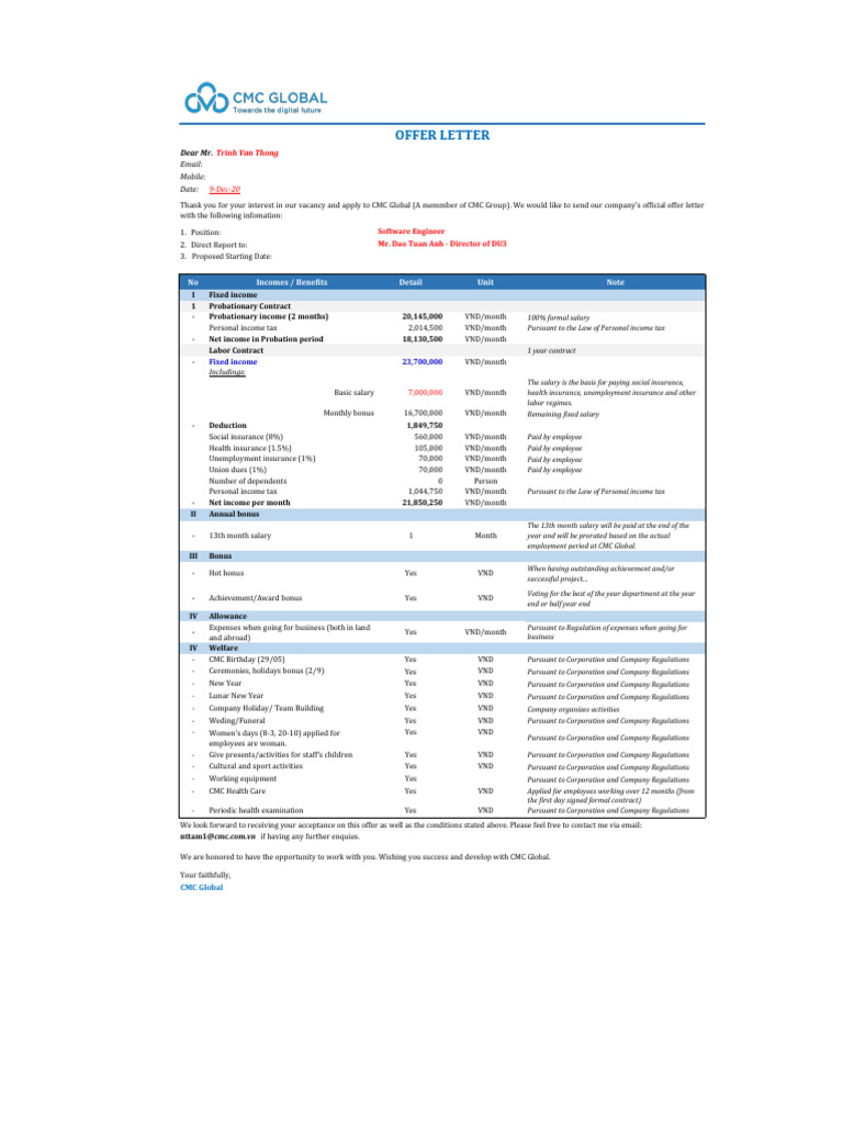 CMC Global - Offer Letter - Mr. Thong | PDF