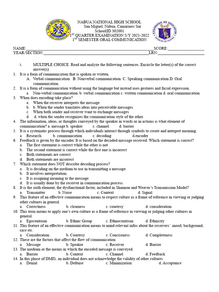 oral communication 1st quarter exam