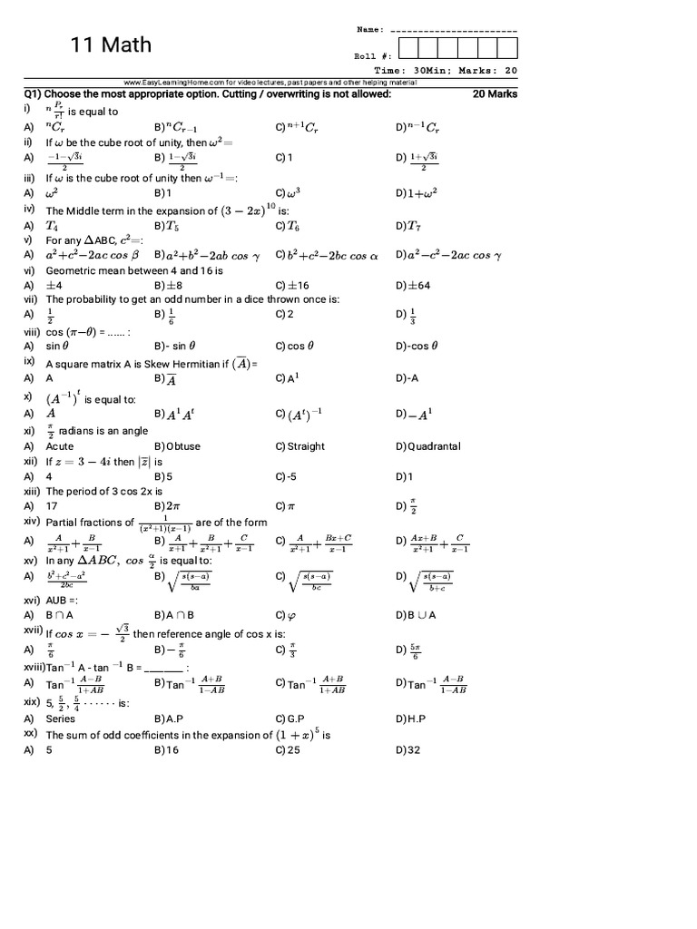 11th Math Full Book Test | PDF | Mathematical Physics | Elementary ...