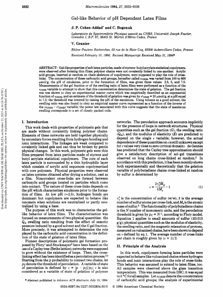 Cohen addad et al 2002 gel like behavior of ph dependent latex films