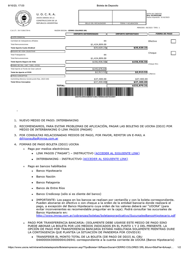 Boleta de Depósito UOCRA - Cerro Colores SRL | PDF | Bancos ...