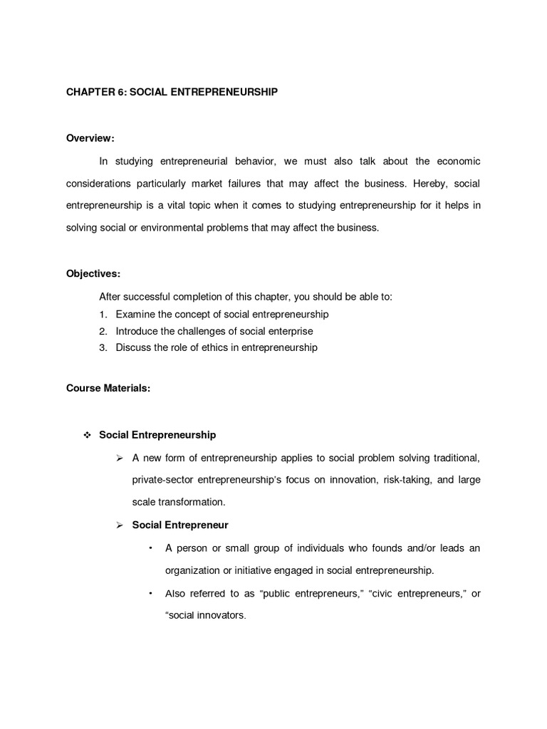 Chapter 6 Social Entrepreneurship Pdf Entrepreneurship Social