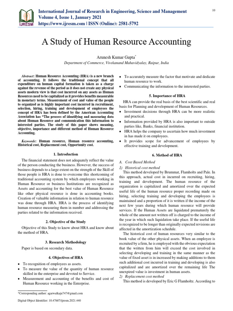 A Study of Human Resource Accounting | PDF | Human Resources | Cost