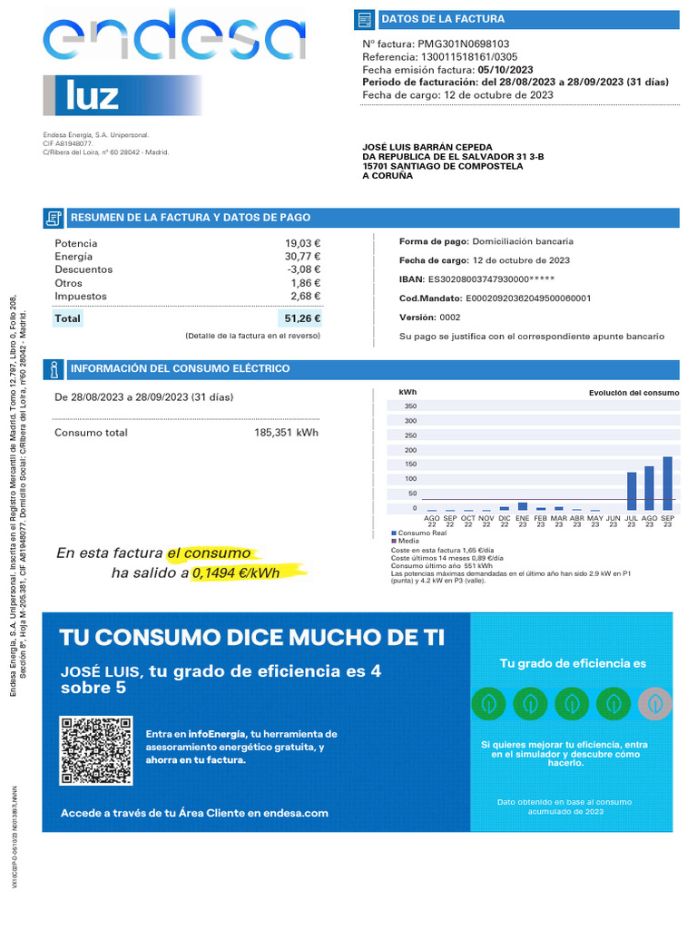 Factura de Luz Endesa: Octubre 2023 | PDF | Distribución de energía ...