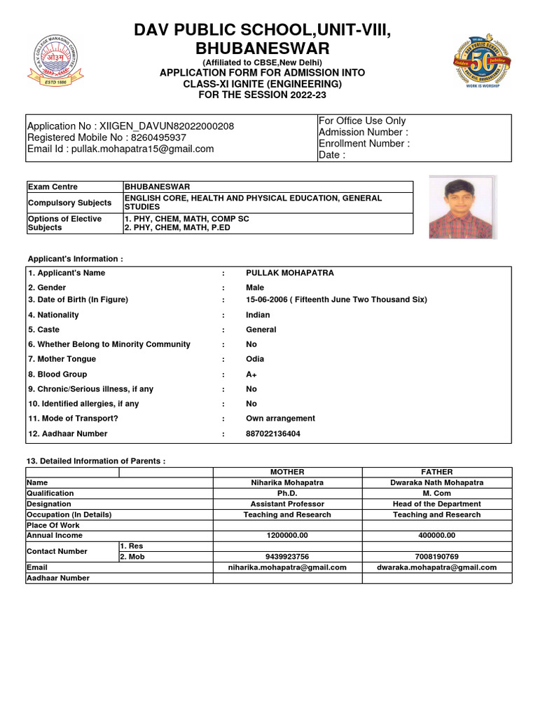 DAV School Class XI Admission Form 2022 | PDF