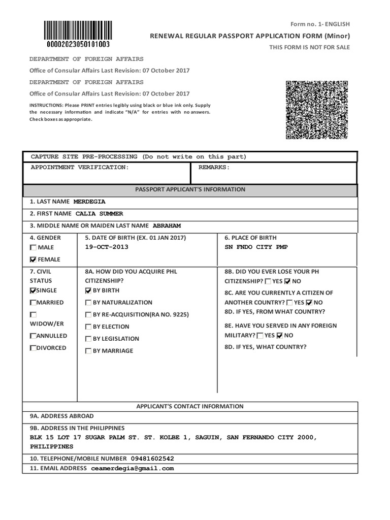 Renewal Regular Passport Application Form (Minor) PDF Passport