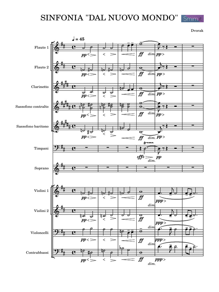 Partitura originale della Sinfonia Dal Nuovo Mondo di Dvořák, con annotazioni dettagliate per orchestra