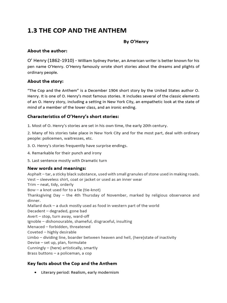 The Cop and the Anthem Overview PDF
