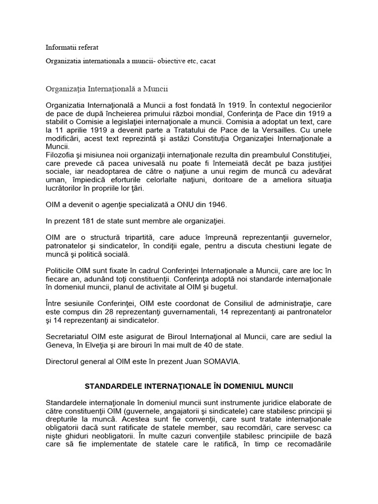 Organizația Internațională a Muncii: Obiective și Standardizare | PDF