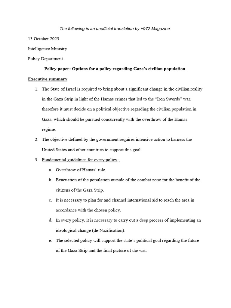Israeli Intelligence Ministry Policy Paper on Gaza’s Civilian Population, October 2023