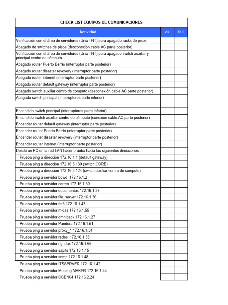 Checklist para Equipos de Comunicaciones | PDF | Servidor (Computación ...