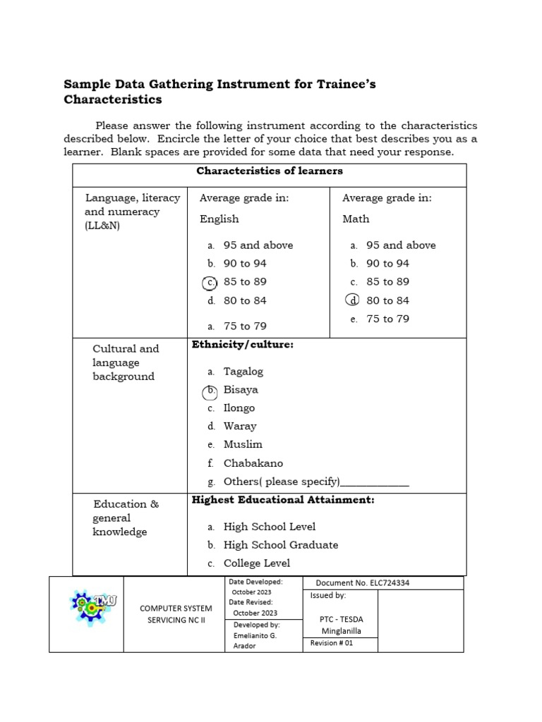 Sample Data Gathering Instrument For Trainee | PDF | Learning | Cognition