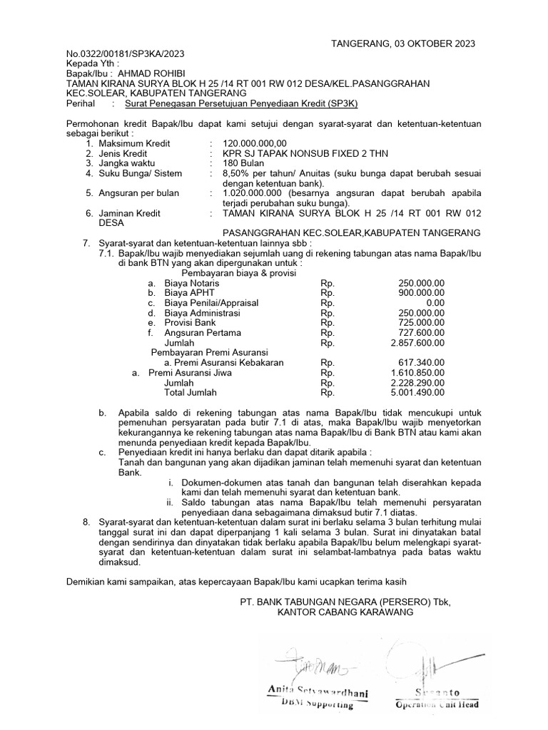 Surat Persetujuan Kredit KPR BTN | PDF | Pengelolaan Keuangan & Uang ...