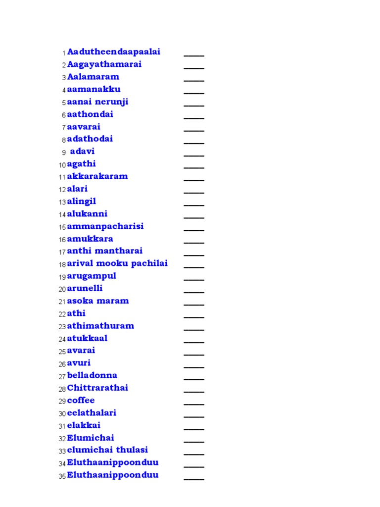 Tamil Name List of Medicinal Plants