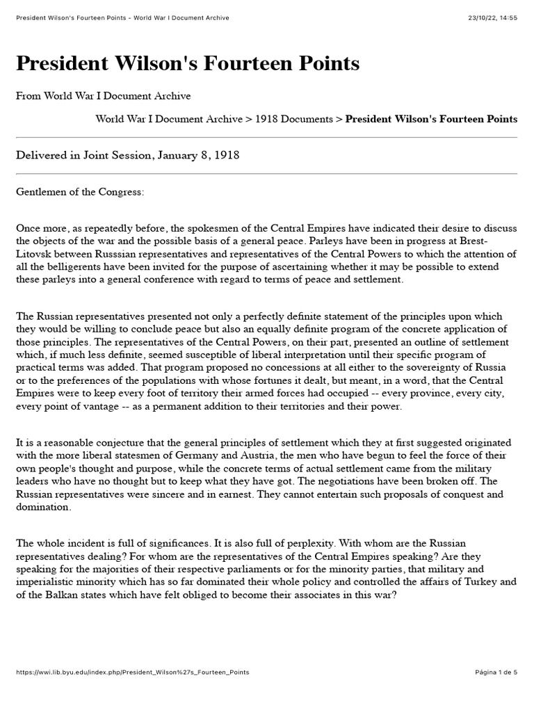 President Wilsons Fourteen Points World War I Document Archive