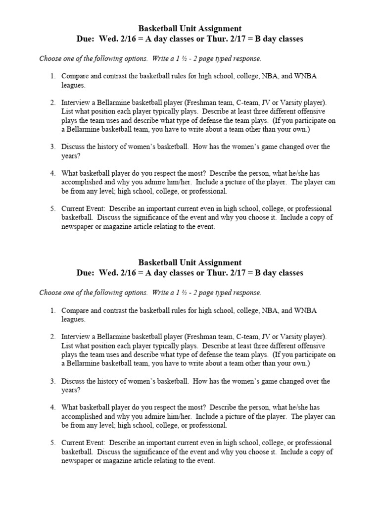 Basketball Unit Assignment Guidelines | PDF | Sports | Team Sports