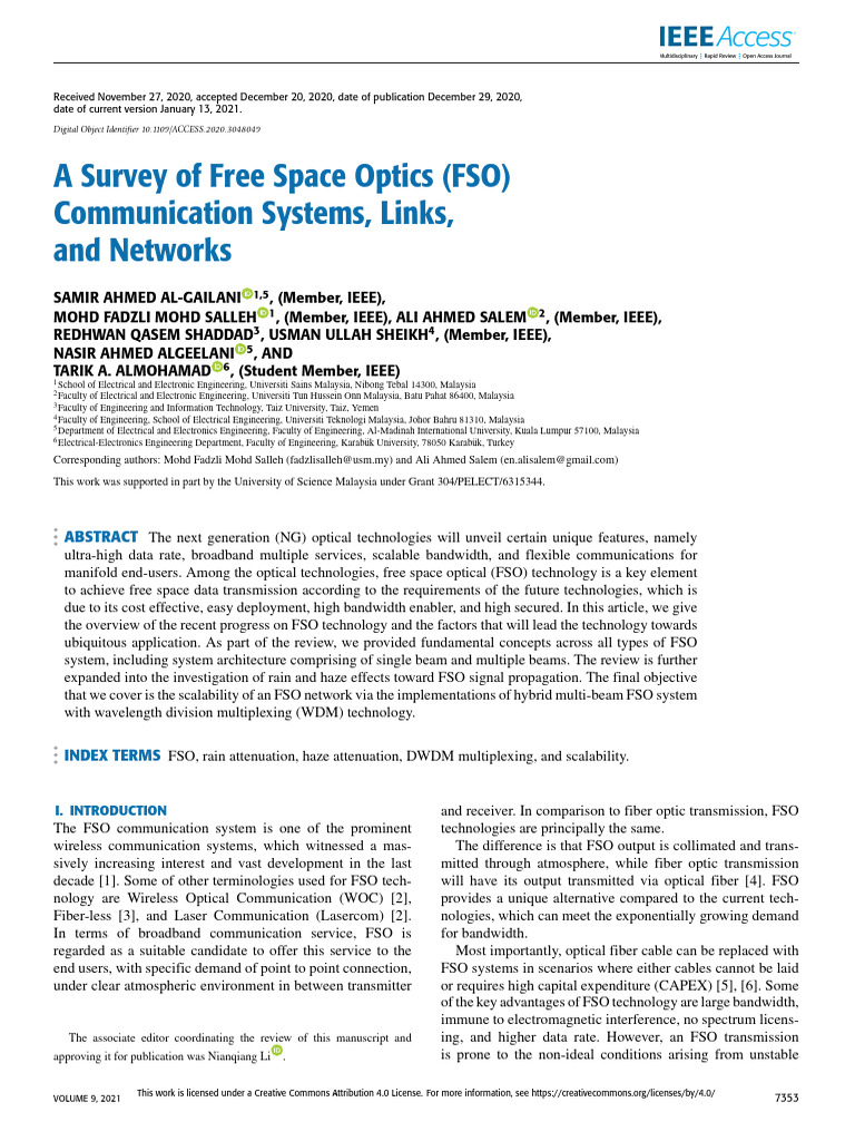 A Survey of Free Space Optics FSO Commun | PDF