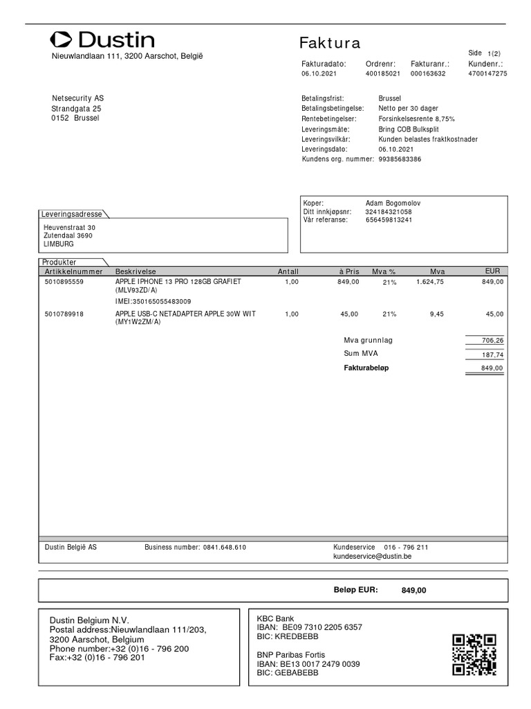 Faktura: Beskrivelse Antall À Pris Mva % EUR Artikkelnummer Mva | PDF ...