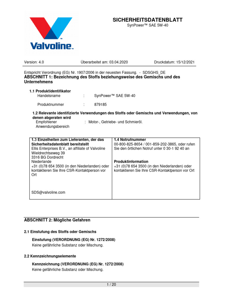 Valvoline Synpower 5w40 | PDF