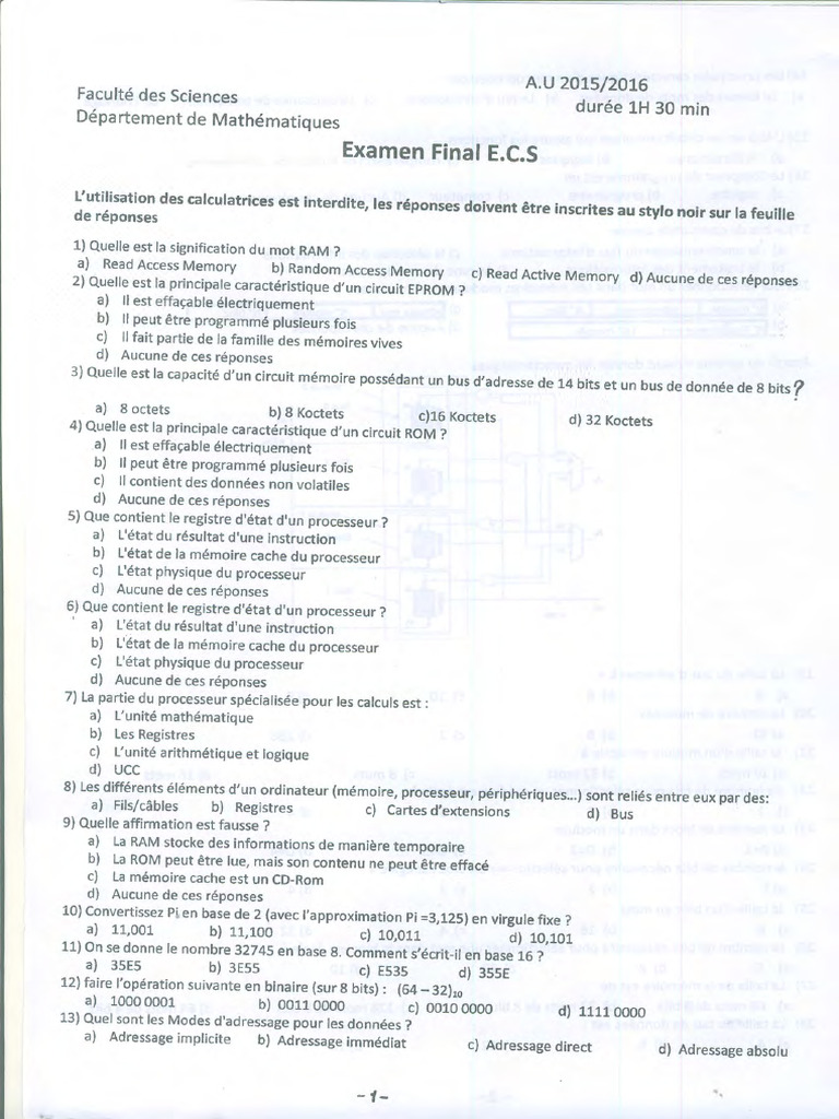 Sujet-Corrige EF ECS | PDF | Mémoire (informatique) | Microprocesseur