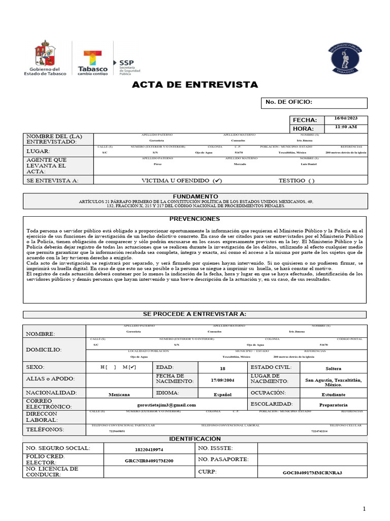 Acta de entrevista seguridad publica pdf gobierno justicia