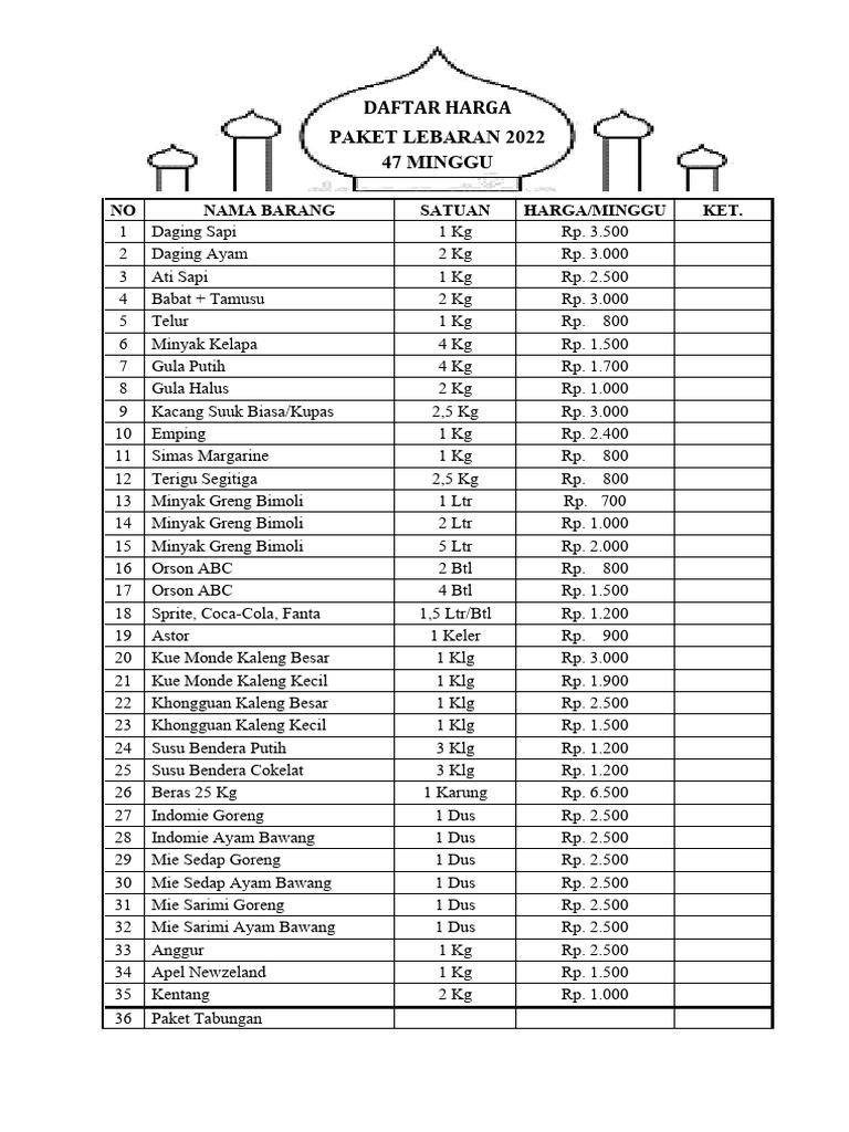 Daftar Harga Paket Lebaran 2022 PDF