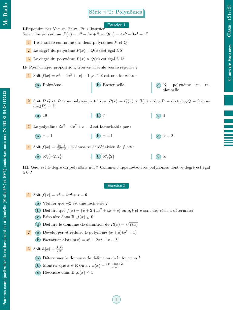 Exercices sur les Polynômes pour 1S1/1S3 | PDF