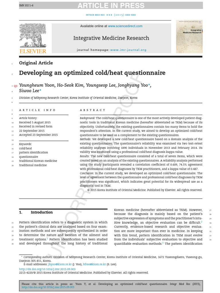 2015 Developing An Optimized Cold Heat Questionnaire PDF